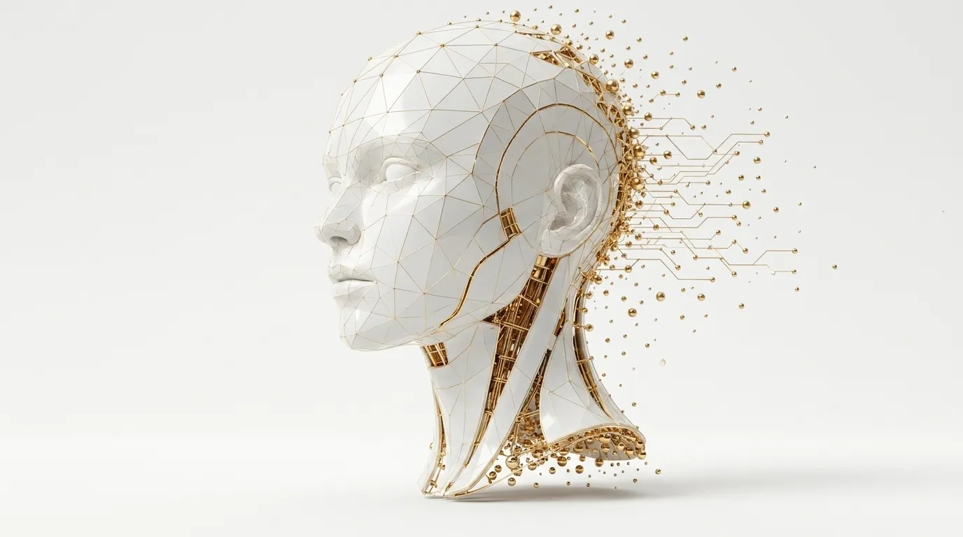 A matte white porcelain head with gold seams and a gold triangulated wireframe, gold particles dispersing to one side, on a seamless white background.