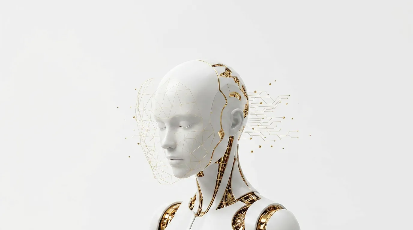 A matte white porcelain figure with gold seams, a gold wireframe hovering over one side of its face, on a seamless white background.
