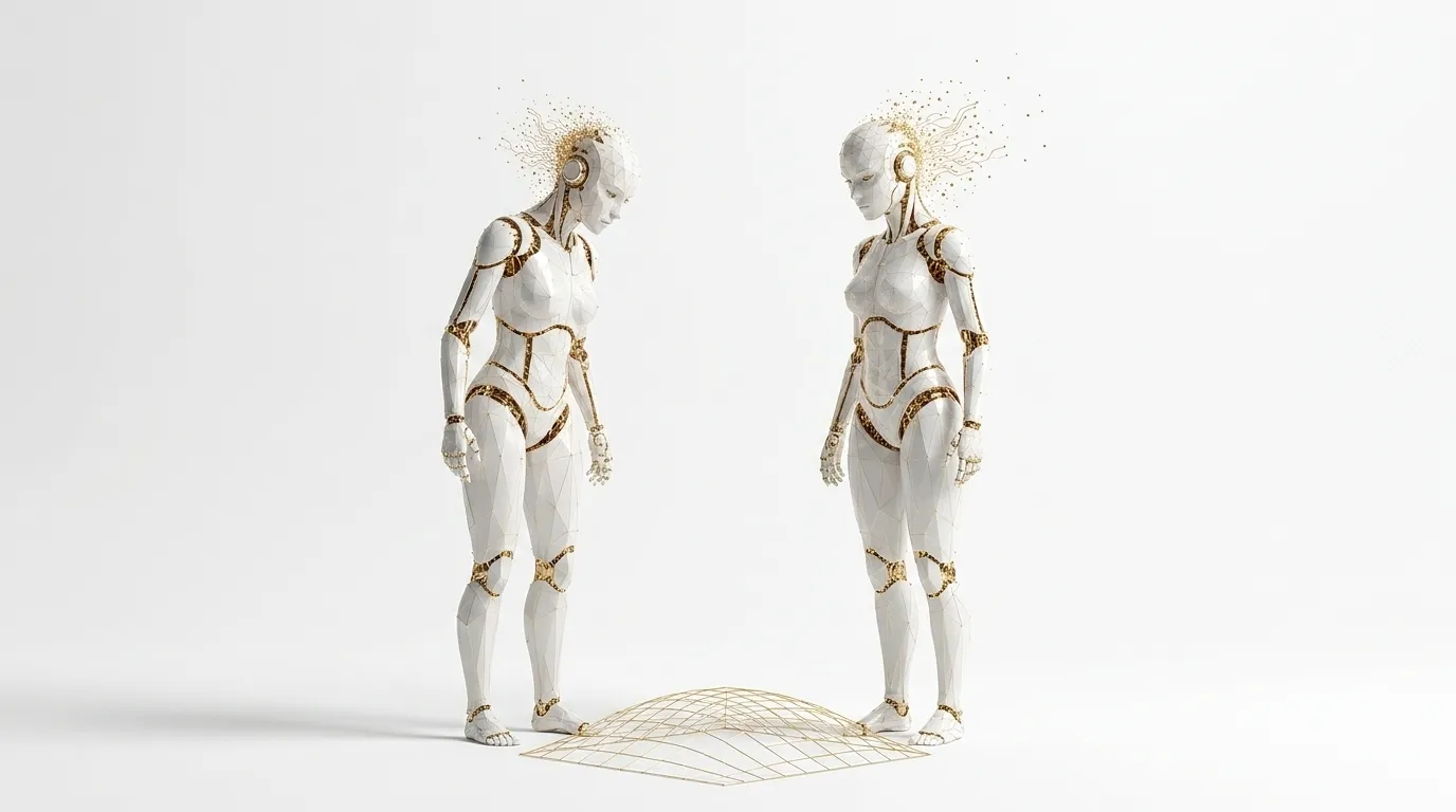 Two identical porcelain figures side by side in a white studio, both looking down at a gold wireframe grid between them.