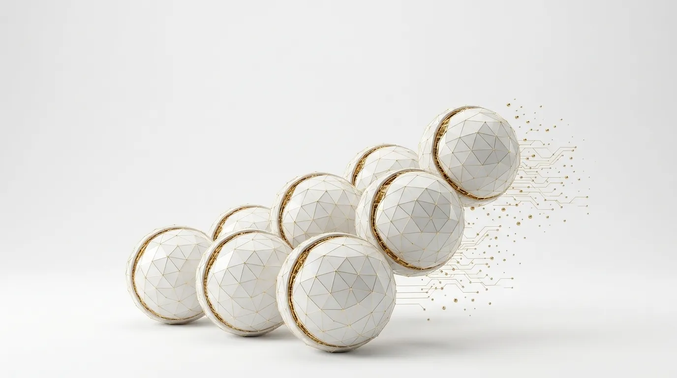 Seven identical matte white porcelain spheres, each with a distinct gold wireframe pattern, arranged in an ascending formation on a white background.
